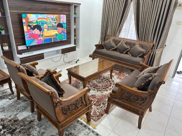 SET SOFA ALLADIN 3211 SIAP MEJA BESAR + MEJA KOPI KECIL FINISHING GRED A MATERIAL BALDU COKLAT